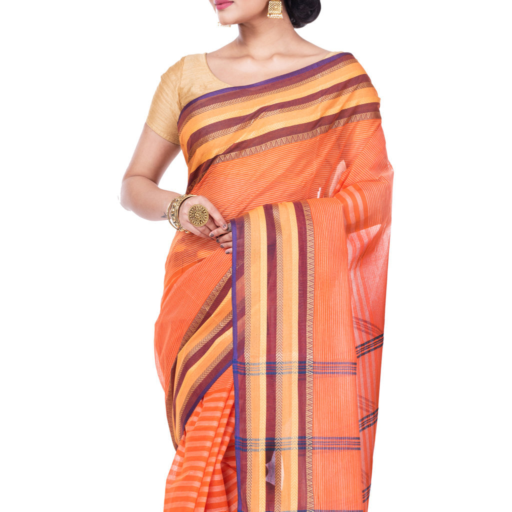 Orange Pure Cotton Khajur_Churi_Strip Tant Saree (656)